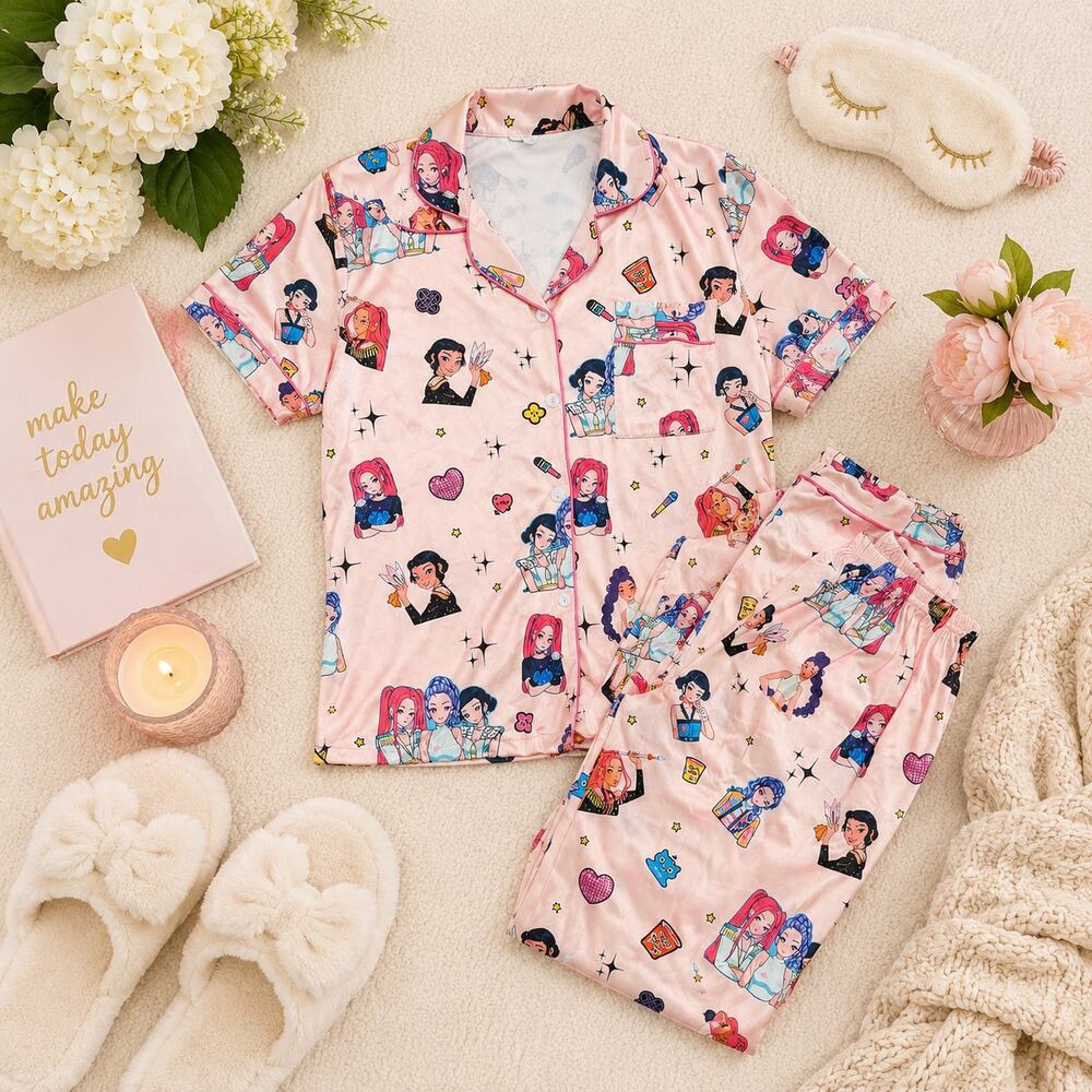 K-Pop Demon Hunters Pajama Set Adult Medium Pink Anime Sleepwear - Picture 2 of 7